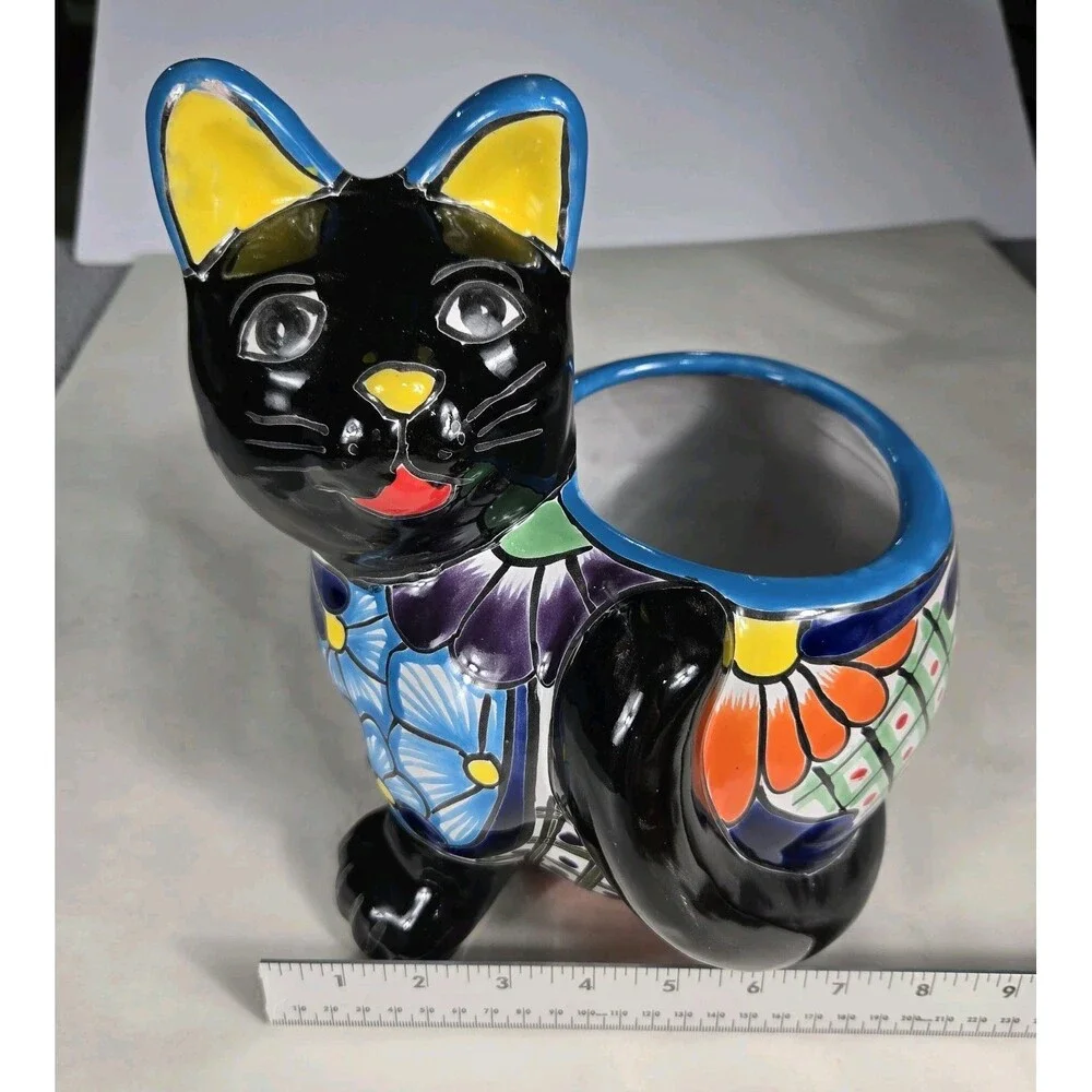 Talavera Cat PlanterMexican Pottery Art Hand Painted Pot 8.5